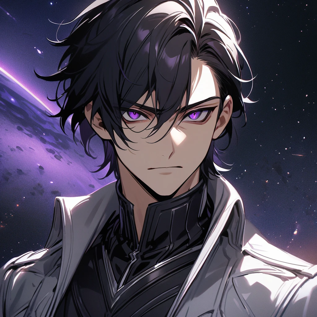 High quality, HD, 4k, no shadows, handsome male, handsome, 1male, 18 years old, mature, jet black hair, short black hair, dark hair, black hair, jet black hair, sharp eyes, deep purple colored eyes, dark purple colored eyes, deep purple eyes, purple eyes, devil may cry, close up, calm expression, stoic expression, black leather clothes, white leather clothing, lean body, well trained body, upper body, looking at viewer, cowboy shot, white solar, space background