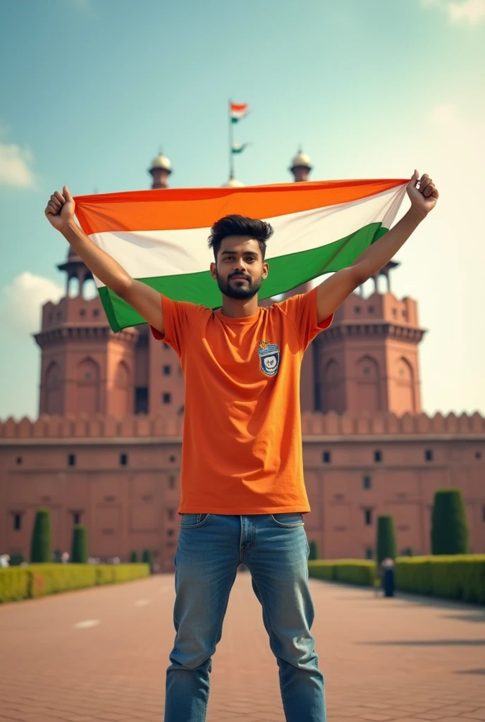A real 25 years old boy, Wearing Orange T shirt blue jeans sneakers and the name "s” is written on his t-shirt and the boy is standing on the road with holding a national flag of India, and behind him is the Red Fort Delhi. And written on sky “Independence Day” Create Realistic image high quality