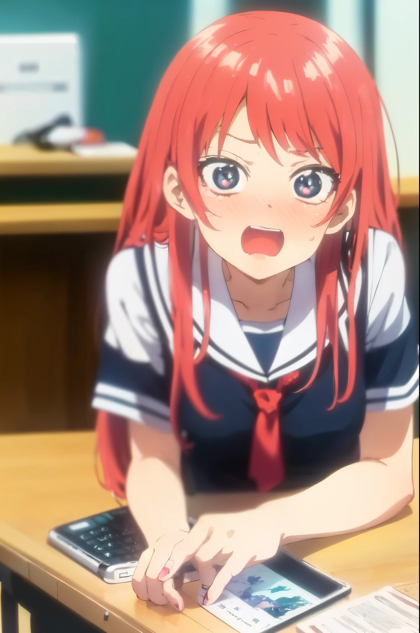 ((((masterpiece、Highest quality、High resolution)、anime)))、Pink Hair、Beautiful girl with small breasts、(Dynamic pose)、looking at the camera、(Beautiful detailed face、Beautiful big eyes)、((One beautiful girl))、Good sensitivity、((Sexy pose))、((Embarrassed face))、Red cheeks、Open Mouth、Wearing school uniform、sit at a desk in a school classroom