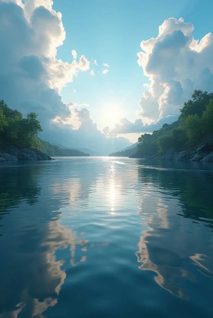 (masterpiece:1.2,best quality,Ultra-high resolution,Very detailed,Practical,RAW photos:1.2,Carefully crafted photos),8K,wallpaper,(Ray Tracing),Japan,(Majestic river,Beautiful water surface,Diffuse reflection of light),A photo showing the movement of clouds and water