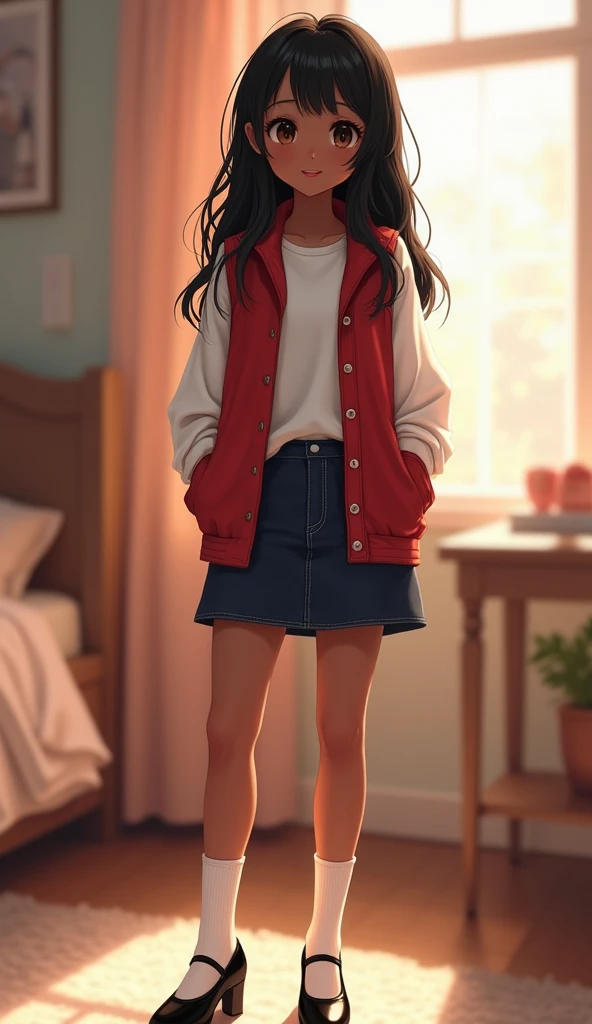 Teen girl, 14 years old, brown skin, black straight, teen body, wearing a white shirt, red vest, dark blue skirt, white stockings, black heels, girl room set