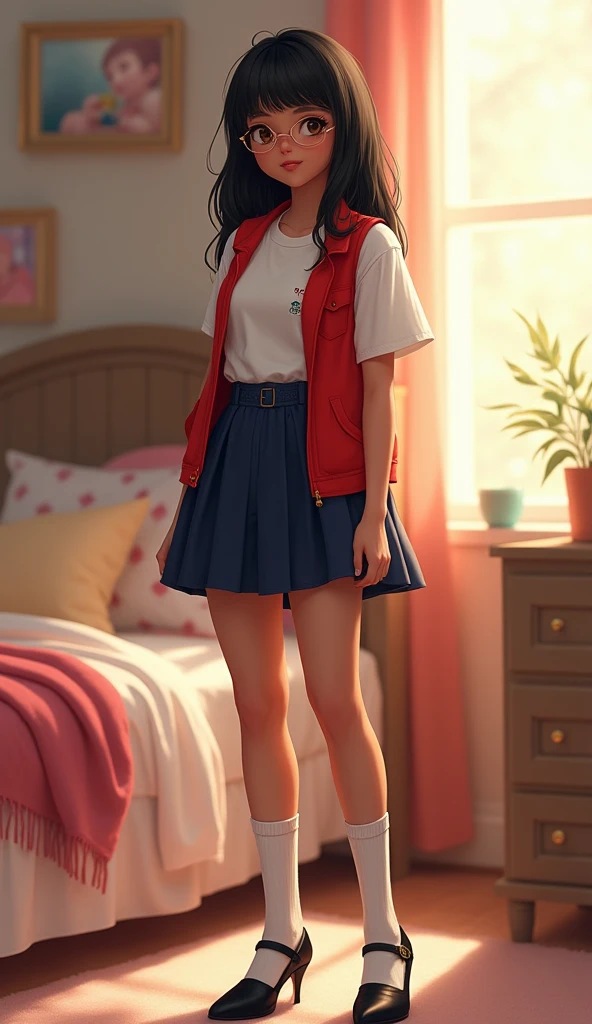 girl, 14 yown skin, black straight, teen body, weari white shirt, red vest, dark blue skirt, white stockings, black heels, girl room set