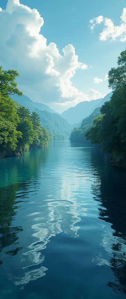 (masterpiece:1.2,best quality,Ultra-high resolution,Very detailed,Practical,RAW photos:1.2,Carefully crafted photos),8K,wallpaper,(Ray Tracing),Japan,(Majestic river,Beautiful water surface,Diffuse reflection of light),A photo showing the movement of clouds and water,