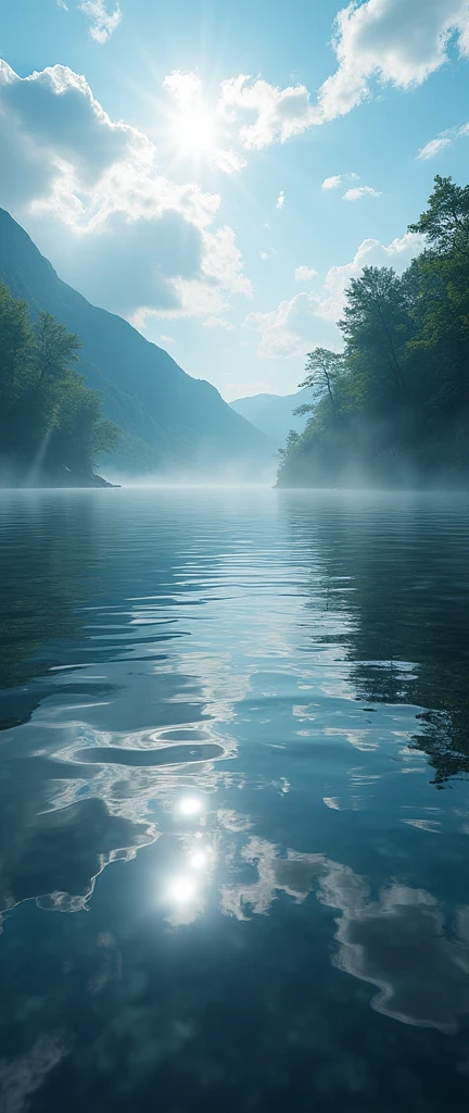 (masterpiece:1.2,best quality,Ultra-high resolution,Very detailed,Practical,RAW photos:1.2,Carefully crafted photos),8K,wallpaper,(Ray Tracing),Japan,(Majestic river,Beautiful water surface,Diffuse reflection of light),A photo showing the movement of clouds and water,