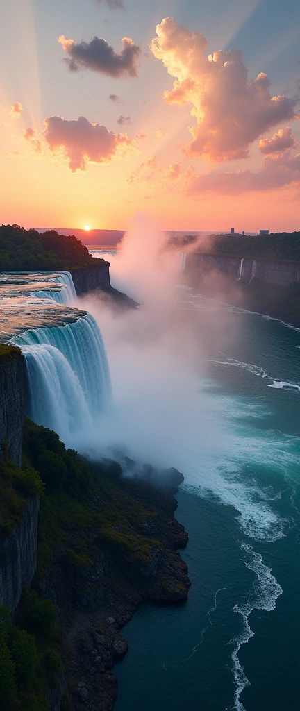(best quality),(masterpiece:1.2),(Very detailed:1.2),Ultra-high resolution,RAW color photography,8K,Wide Landscape Photography,Realistic photos,Carefully crafted photos,Skydiving Observation Deck,Written border depth,Clear focus,In the Cloud,Niagara Falls,Sunset,Beautiful colors,Written border depth,Wide-angle light,Low contrast,Backlight,Clear focus,Vibrant colors,Mobile Configuration