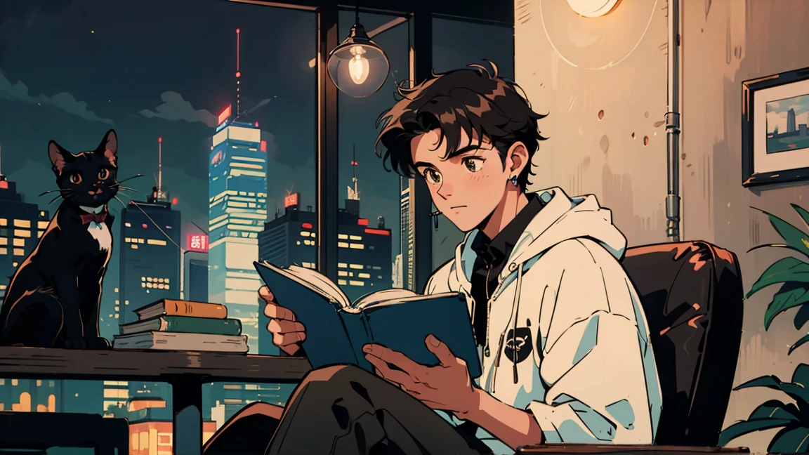 Highest quality, 8k, 1990s style,Hairstyles of the 2010s, 21 year old boy, Black Hair, Light brown eyes, City Pop, pants ,Night view, Wear headphones,Reading a book, whole body, Relax Coffee,table,making,look at me, Black cat