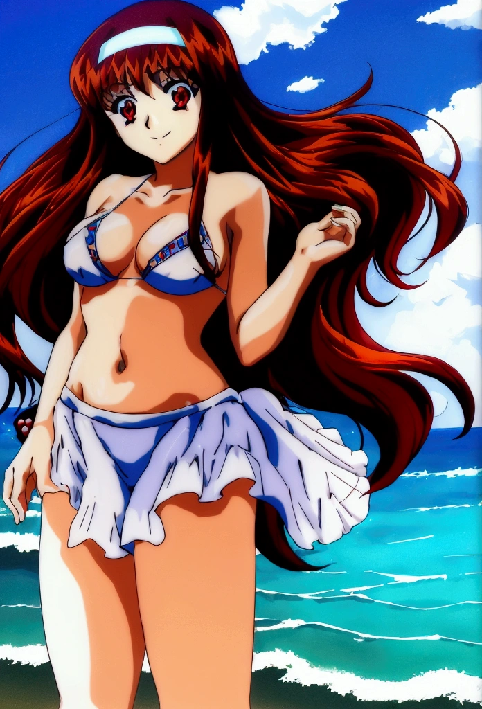 ((masterpiece,best quality)), anime style, Kobayashi_Rindou_Shokugeki, 1girl, solo, red hair, long hair, hair over one eye, yellow eyes, wearing red bikini, solo, smiling, looking at viewer, cowboy shot, beach background