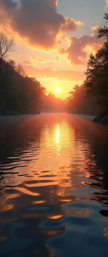 (masterpiece:1.2,best quality,Ultra-high resolution,Very detailed,Practical,RAW photos:1.2,Carefully crafted photos),8K,wallpaper,(Ray Tracing),Japan,(Majestic river,Beautiful water surface,Diffuse reflection of light,calm,Rehabilitation,Gentle sunset,Huge sunset reflected on the water),A photo expressing clouds and flowing water