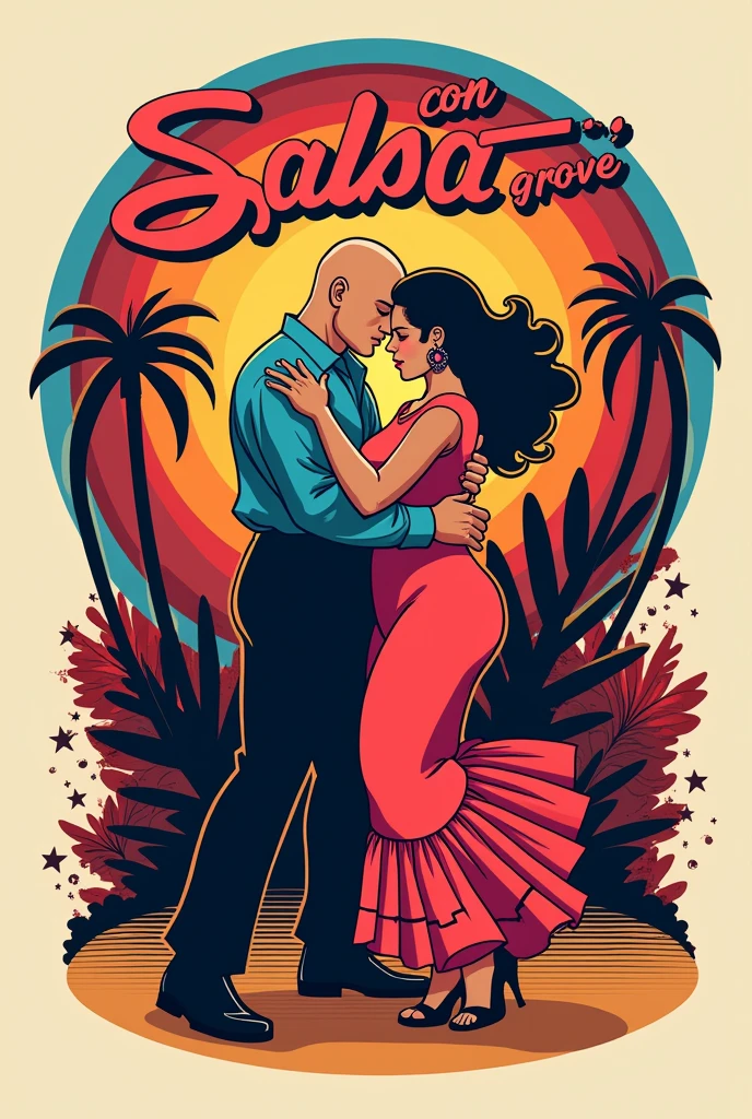 Create a logo for a salsa company called Salsa con Groove, with a seventies style and showing a couple dancing, where the man is bald 