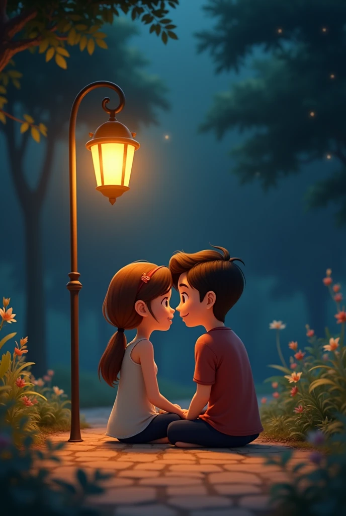 Animated two couple sit under night lamp at park. With word “Forever we’ll grow”