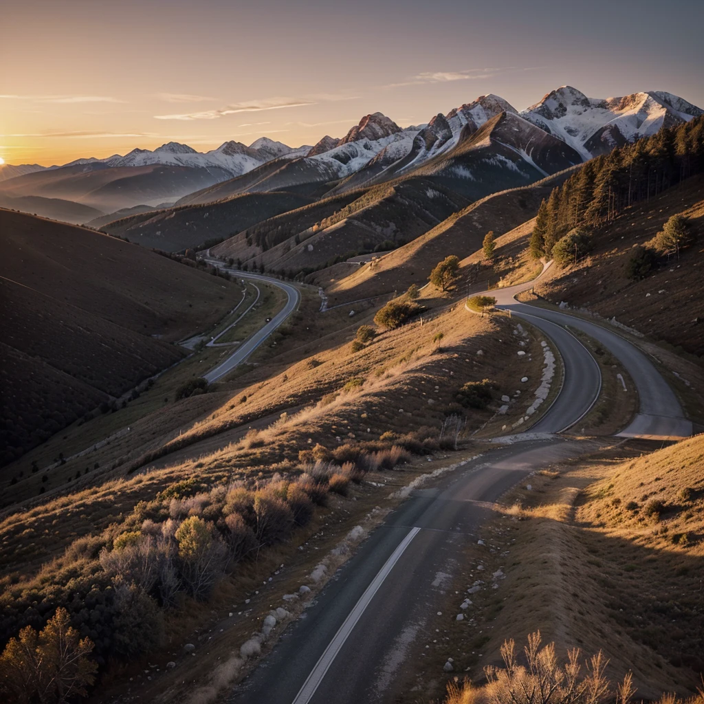 The image you describe seems to capture a majestic sunset. on the horizon, The mountains probably have a defined outline against the sky, which could be full of warm tones like oranges, reds and pinks due to the setting sun. The plain in the foreground offers a wide, open view., with the road suggesting that the photo was taken from a high vantage point or along a road. The road can add a sense of depth to the scene, guiding the view towards the sunset and the mountains in the distance. The combination of these elements creates a serene and panoramic image.