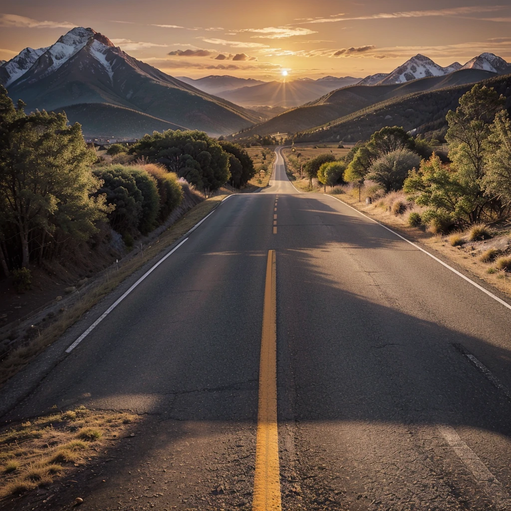 The image you describe seems to capture a majestic sunset. on the horizon, The mountains probably have a defined outline against the sky, which could be full of warm tones like oranges, reds and pinks due to the setting sun. The plain in the foreground offers a wide, open view., with the road suggesting that the photo was taken from a high vantage point or along a road. The road can add a sense of depth to the scene, guiding the view towards the sunset and the mountains in the distance. The combination of these elements creates a serene and panoramic image.
