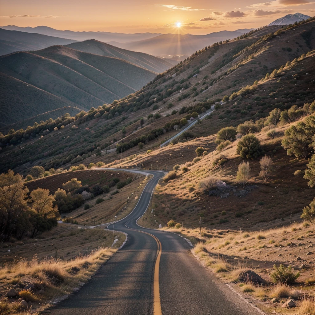 The image you describe seems to capture a majestic sunset. on the horizon, The mountains probably have a defined outline against the sky, which could be full of warm tones like oranges, reds and pinks due to the setting sun. The plain in the foreground offers a wide, open view., with the road suggesting that the photo was taken from a high vantage point or along a road. The road can add a sense of depth to the scene, guiding the view towards the sunset and the mountains in the distance. The combination of these elements creates a serene and panoramic image.