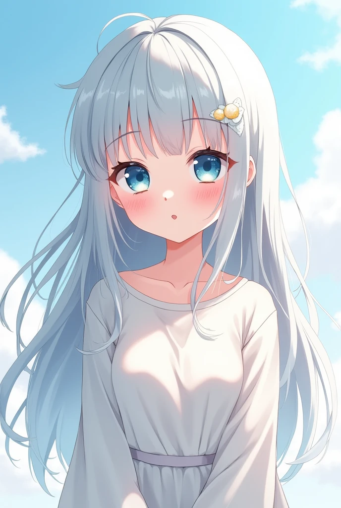 A cute girl with silver hair and small breasts drawn in an anime style with blue eyes, long sleeves and long hair.