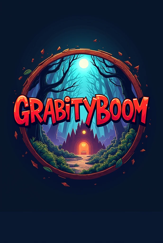 A circular logo that has the word GRABITYBOOM and a background image of gravity falls