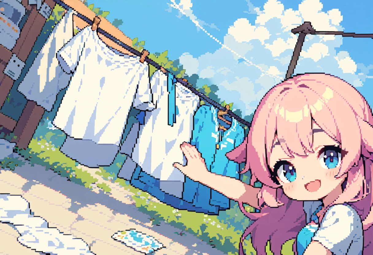 masterpiece, Highest quality, 8k, Pixel art, Pixel art, Vivid, high details, 1girl, young woman, smile, cute, Directed at an angle, Open your mouth, Fluffy hair, Long Hair, Hair like sheep's hair, Pink Hair, eyebrow, 太いeyebrow, Hanging out the laundry, Large white sheets, Clothesline, sun, blue sky