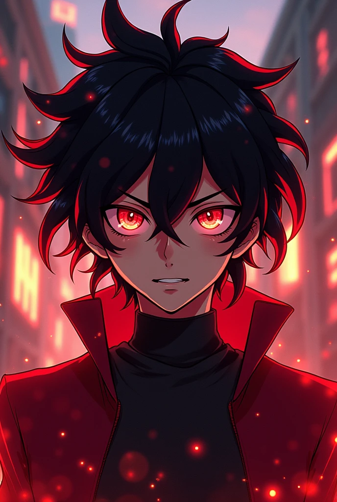 Help me create a My hero academia character with black hair color and with parts of his hair red with ruby red eyes