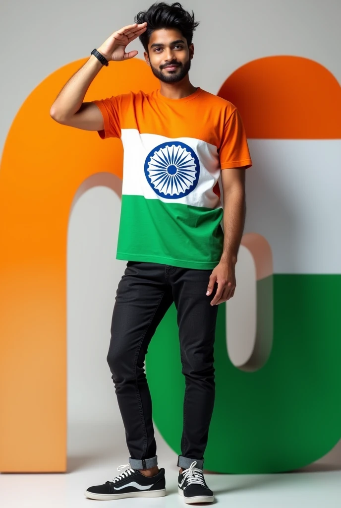 A young man with tousled black hair stands confidently beside a large, stylized letter (m)  in vibrant colors of the Indian flag: saffron, white, and green. He is wearing a trendy shirt that features the Indian flag design, showcasing a bold orange stripe at the top, a white stripe with the Ashoka Chakra in the center, and a green stripe at the bottom. His black jeans and casual sneakers complete the look, while he salutes with one hand, exuding a sense of pride and patriotism. The background is softly lit, enhancing the vivid colors and modern aesthetic of the scene.