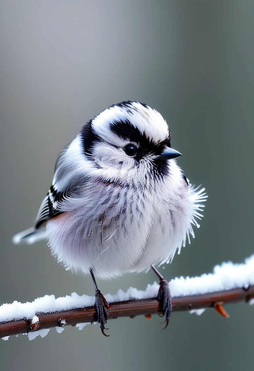 A beautiful, snowy-white long-tailed tit perched on a snow-covered branch, looking directly at the camera, professional lighting, professional camera, depth of field, frontal view, (best quality,4k,8k,highres,masterpiece:1.2),ultra-detailed,(realistic,photorealistic,photo-realistic:1.37),highly detailed bird, intricate feather details, sparkling snow, soft blurred background, natural setting