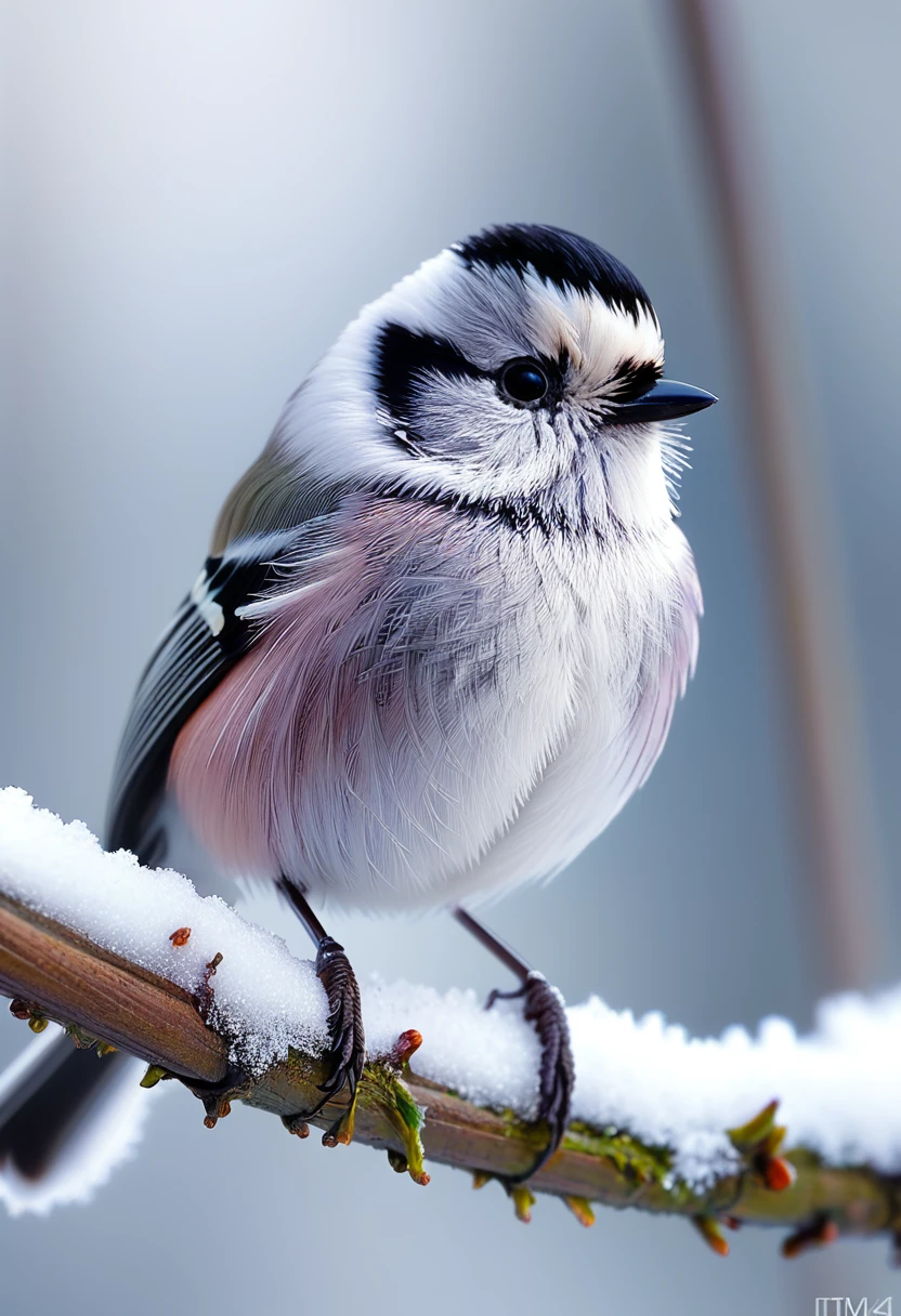 A beautiful, snowy-white long-tailed tit perched on a snow-covered branch, looking directly at the camera, professional lighting, professional camera, depth of field, frontal view, (best quality,4k,8k,highres,masterpiece:1.2),ultra-detailed,(realistic,photorealistic,photo-realistic:1.37),highly detailed bird, intricate feather details, sparkling snow, soft blurred background, natural setting