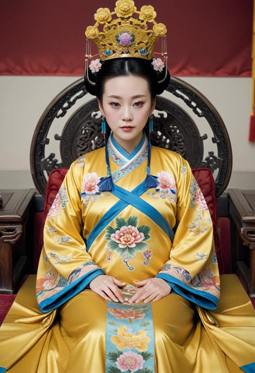 From before the Qing, The Empress sits naked on a golden sofa in the palace, Her eyes are wide open, Her legs were spread, big naked breasts. At the Chinese court during the Qing Dynasty, Empress of the Qing Dynasty, Empress of China, Wearing a large crown, When viewed from below, the abdomen and thighs are visible..。She is completely naked, Showing off gorgeous large flowers and hairpins, She tied her hair up and pulled it up, 背景はEmpress of the Qing Dynastyの豪華な宮殿.