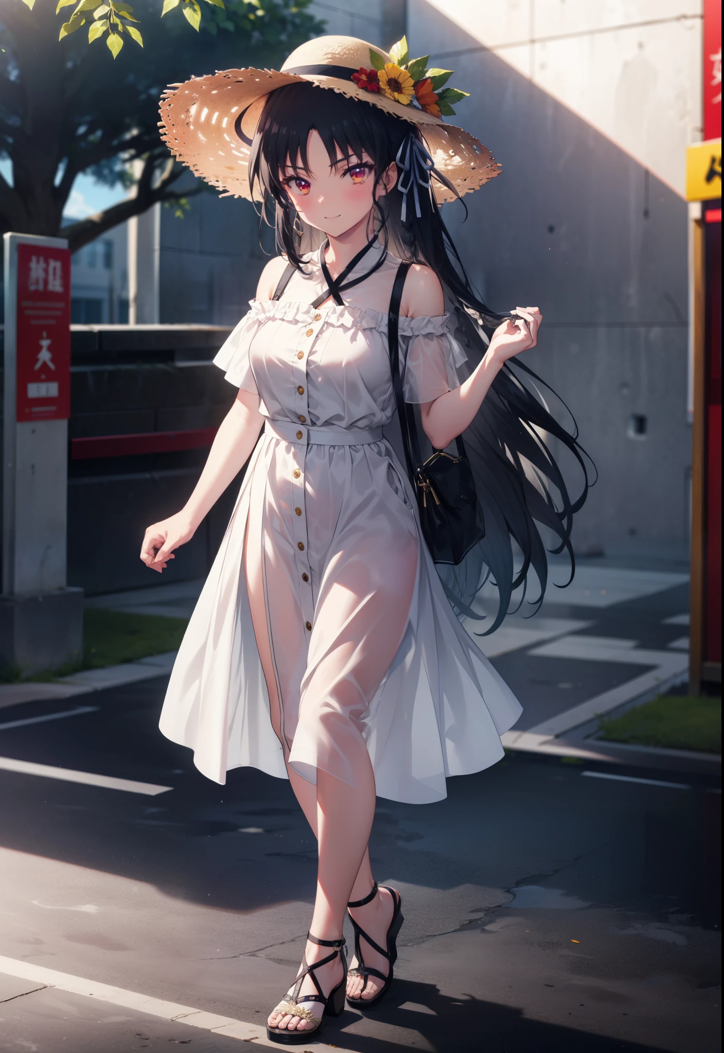 Suzune Horikita, suzune horikita, Long Hair, Black Hair, (Red eyes:1.3), Hair Ribbon, Braiding,blush,smile,Straw hat,Cold Shoulder Shirt,Short sleeve,Long skirt,Cute heeled sandals,Walking,whole bodyがイラストに入るように,
break outdoors, Building district,
break looking at viewer, whole body,
break (masterpiece:1.2), Highest quality, High resolution, unity 8k wallpaper, (figure:0.8), (Beautiful attention to detail:1.6), Highly detailed face, Perfect lighting, Highly detailed CG, (Perfect hands, Perfect Anatomy),