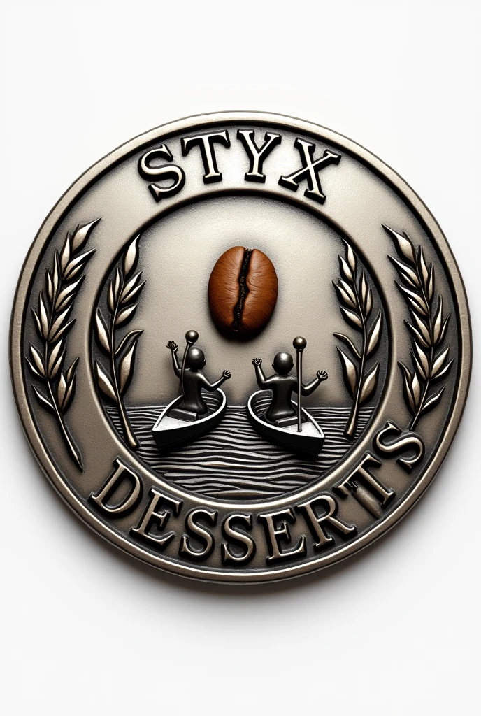 Coffee shop logo shaped like an antique silver coin, with a coffee bean on the tip , branches of wheat and two boatmen in their canoes with lamps in their hands facing forward based on Charon , that says Styx desserts in black and worn letters around the edge