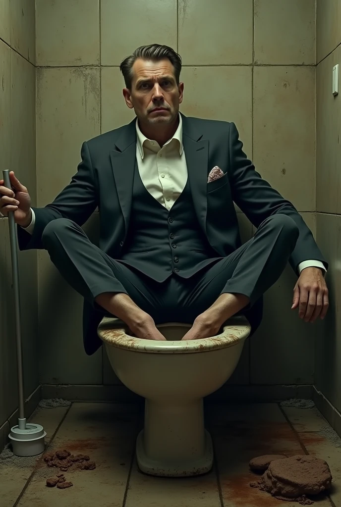 Man in formal clothes stuck with his legs inside a toilet stained with poop