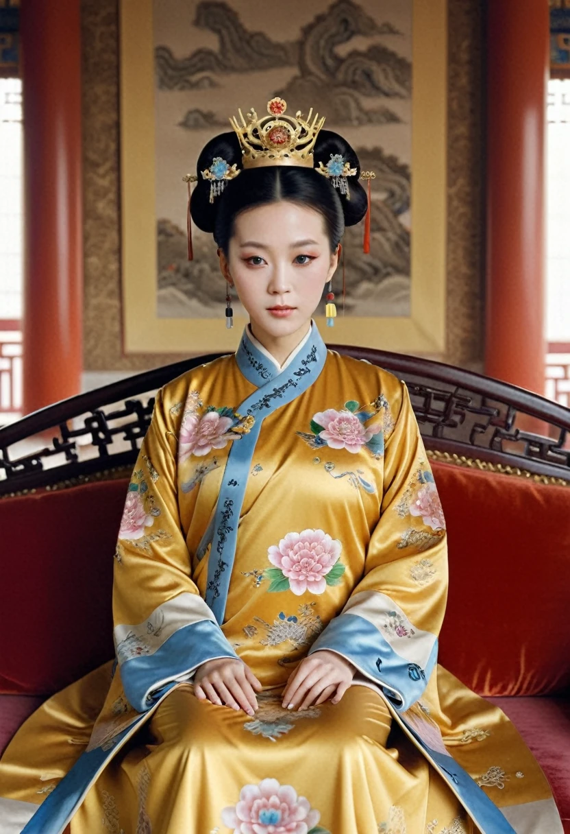 From before the Qing, The Empress sits naked on a golden sofa in the palace, Her eyes are wide open, Her legs were spread, big naked breasts. At the Chinese court during the Qing Dynasty, Empress of the Qing Dynasty, Empress of China, Wearing a large crown, When viewed from below, the abdomen and thighs are visible..。She is completely naked, Showing off gorgeous large flowers and hairpins, She tied her hair up and pulled it up, 背景はEmpress of the Qing Dynastyの豪華な宮殿.