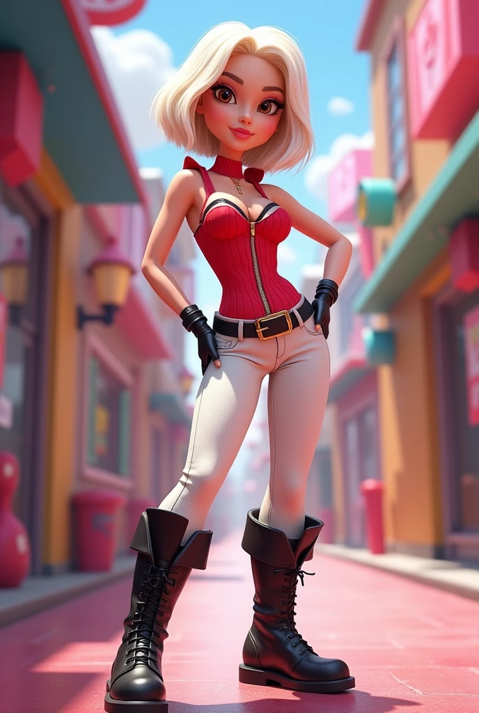 Barbie cartoon style, with brown eyes,short white hair ,dressed in an inverted triangle-shaped corset , Red color with white stripes,white pants,and black boots