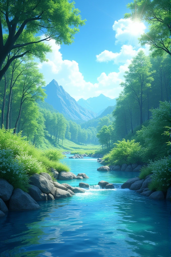 landscape, summer, Clear Stream, forest, unmanned, river, Blue sky, nobody, Mountains in the distance, High resolution details, Extremely detailed, Movie, Surrealism, Soft Light, Deep Focus Bokeh, Ray Tracing, Surrealism. , Art Station pixiv Gwise, Shinkai Makoto, Bid Type