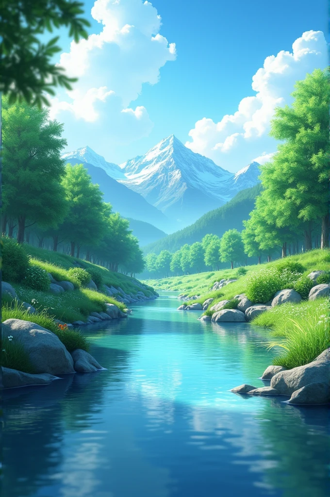 landscape, summer, Clear Stream, forest, unmanned, river, Blue sky, nobody, Mountains in the distance, High resolution details, Extremely detailed, Movie, Surrealism, Soft Light, Deep Focus Bokeh, Ray Tracing, Surrealism. , Art Station pixiv Gwise, Shinkai Makoto, Bid Type