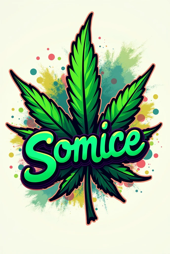 Somice Cannabis Shop logo, youth style, cannabis leaves, green letters, Graffiti style 
