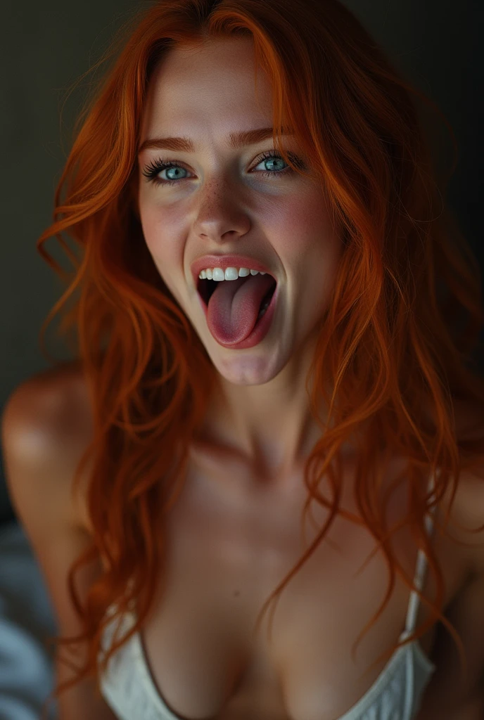 (action packed:1.3), chiaroscuro, best quality, photorealistic, 1woman, (24yo:1.2), redhead, long ginger hair highly detailed, beautiful detailed face, blue gorgeous perfect eyes, (attractive young woman:1.3), (thick amazing hair), (seductive:1.1), (blushing:1.1), orgasm, agegao, tongue out, crossed eyes, orgasming