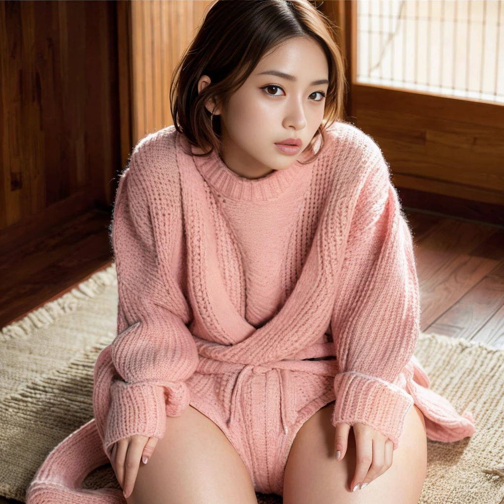 Completely naked、Lower body naked、No underwear、Lower body exposed、Pussy、Realistic, (light pink knit sweater:1.3), whole body, (Japanese Girls), Short brown hair, View your viewers, In a traditional Japanese room, Squatting cowgirl, Spread your legs wide, Twilight Light, Sigma 85mm F/1.4, (Masterpiece), (Low contrast:1.1), (Highly detailed skin), (Highly detailed lips), (Highest quality:1.0), (Ultra-high resolution:1.0) ,(Photorealistic:1.2), (Super detailed:1.0), (8K RAW Photos:1.1)