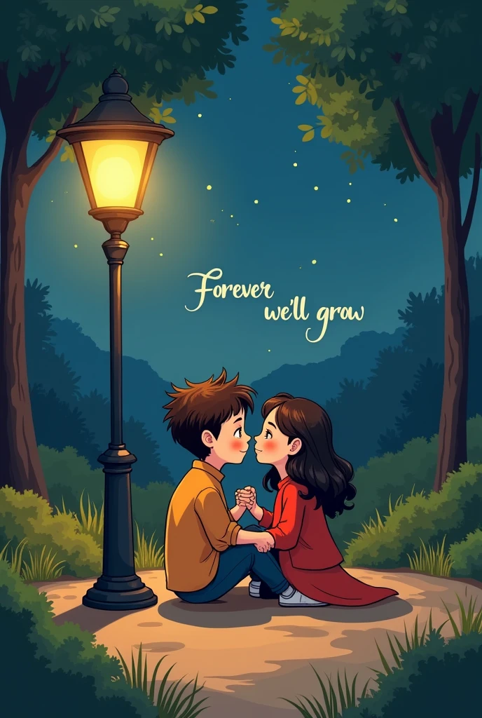 cartoon two couple sit under night lamp at park. With word “Forever we’ll grow”