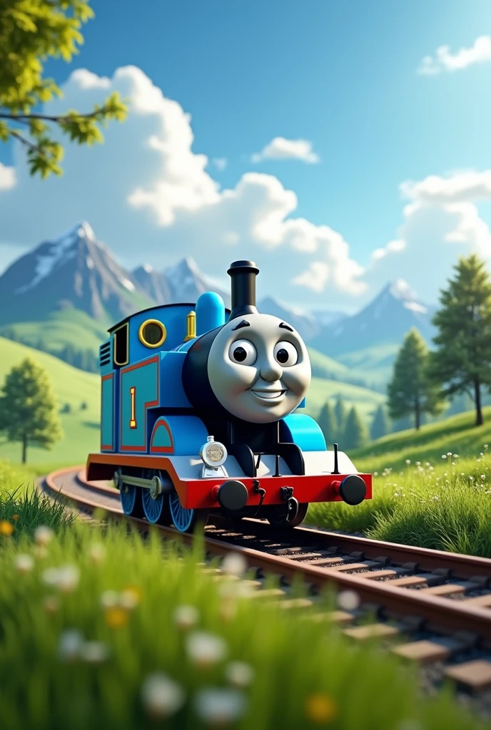 a highly detailed, realistic, and photorealistic render of Thomas the Tank Engine, a famous children's cartoon character, in a lush green rolling hills landscape with trees, mountains, and a blue sky with fluffy clouds, hyper-realistic, 4k, 8k, best quality, ultra-detailed, vivid colors, dynamic lighting, volumetric lighting, physically-based rendering, studio lighting, dramatic lighting, intricate details, sharp focus, masterpiece