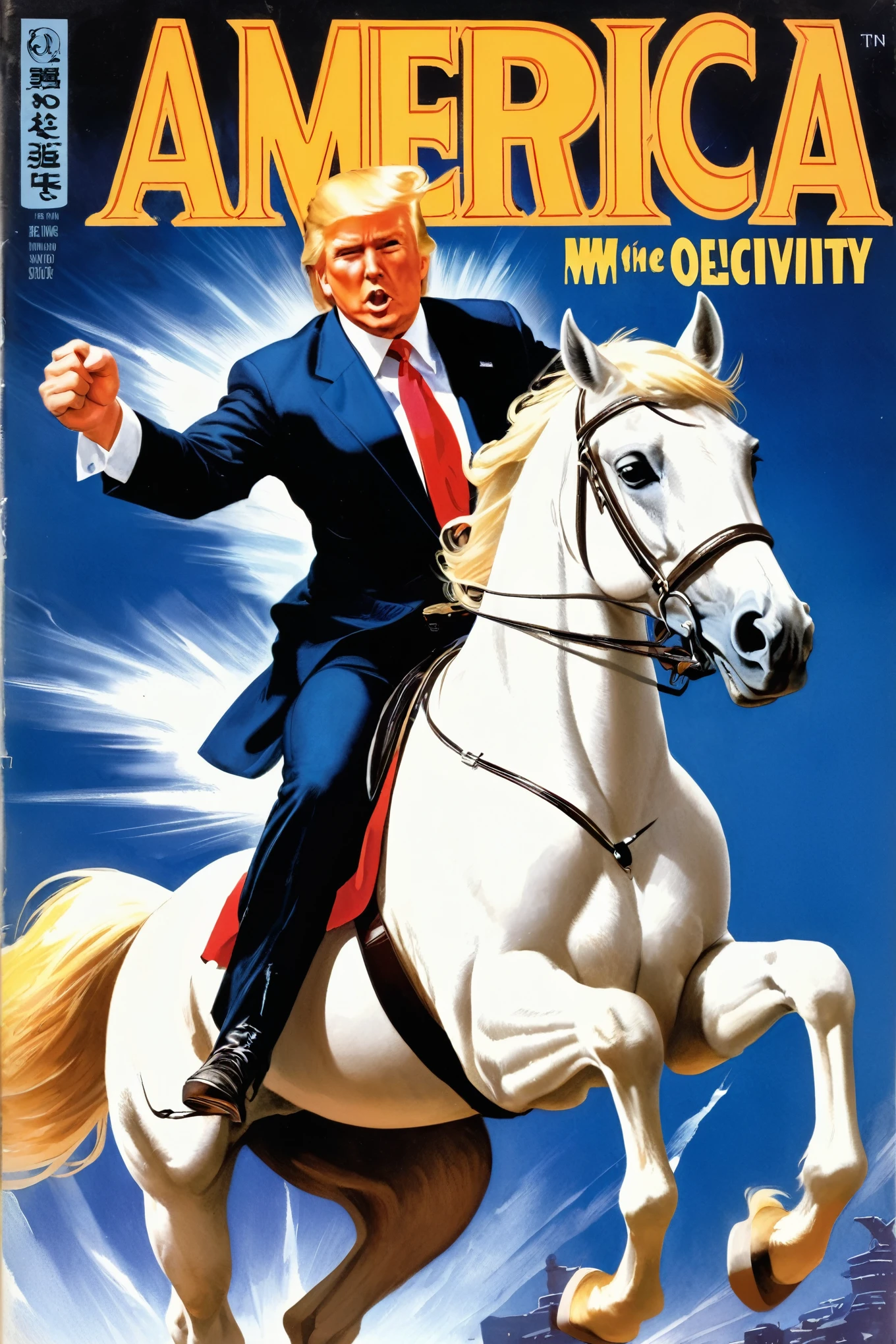 「AMERICA」The rough cover of the book (Filmotype Quaryフォント) fullbody of A man look a like mr.donald trump ,ridding white muscle horse jumpping in the air,navy blue suite ,red necktigh,white cowboy hat,right fist riase up,full Portrait by Robert Peake, CG Association Contest Winner, A new objectivity, 1 9 9 0 s gangsta, Dark vintage paperback cover, Pulp science fiction book cover art, 5 0 s pulp illustration, Zoom out