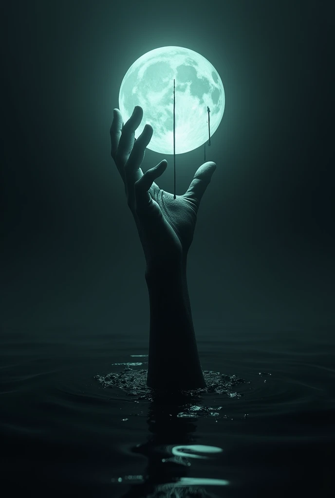 It's all dark, and a hand comes out of what appears to be black water trying to reach an orb of blue and white light . The orb of light is translucent and the hand is dripping some black water