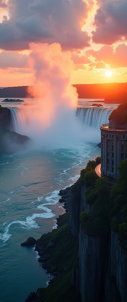 (best quality),(masterpiece:1.2),(Very detailed:1.2),Ultra-high resolution,RAW color photography,8K,Wide Landscape Photography,Realistic photos,Carefully crafted photos,Skydiving Observation Deck,Written border depth,Clear focus,In the Cloud,Niagara Falls,Sunset,Beautiful colors,Written border depth,Wide-angle light,Low contrast,Backlight,Clear focus,Vibrant colors,Mobile Configuration