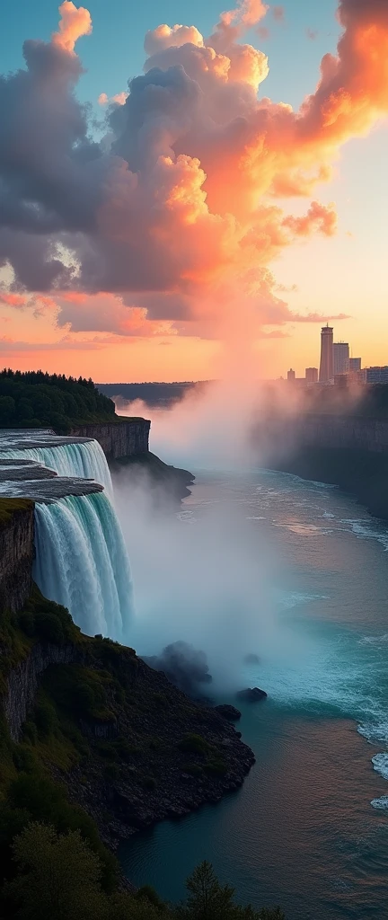 (best quality),(masterpiece:1.2),(Very detailed:1.2),Ultra-high resolution,RAW color photography,8K,Wide Landscape Photography,Realistic photos,Carefully crafted photos,Skydiving Observation Deck,Written border depth,Clear focus,In the Cloud,Niagara Falls,Sunset,Beautiful colors,Written border depth,Wide-angle light,Low contrast,Backlight,Clear focus,Vibrant colors,Mobile Configuration
