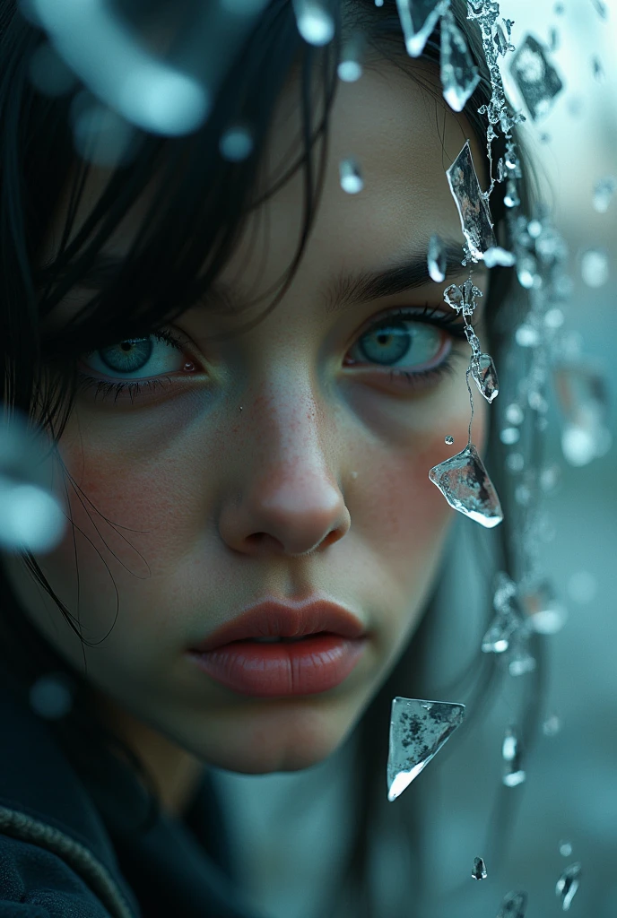 Reflective, shatter water, crash, broken glass, full portrait, finely drawn eyes, 64k resolution--Meme core Art, Cinematic, Fujifilm Neoplan 100, Fish-eye Lens, chromatic, moody, glitch, glowing, cinematic perfect intricate stunning fine detail.--cinematic shot on canon 5d, ultra skin intricate clothes accurate hands, BRWON honey eyes, , perfect eyes, best quality, extremely sharp focus face, analog fine film grain, post-apocalyptic, cinematic, realistic, trending art station, helicopter, flag of . focus, studio photo, details, highly Rutkowski, intricate, busy, raw, 64k, isometric, digital smog, 3d render, octane volumetr