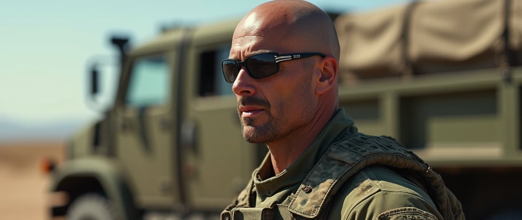 4k ((best quality)), ((masterpiece)), (detailed), hd, realistic face very muscular bald male soldier full body stand by military truck sunglass