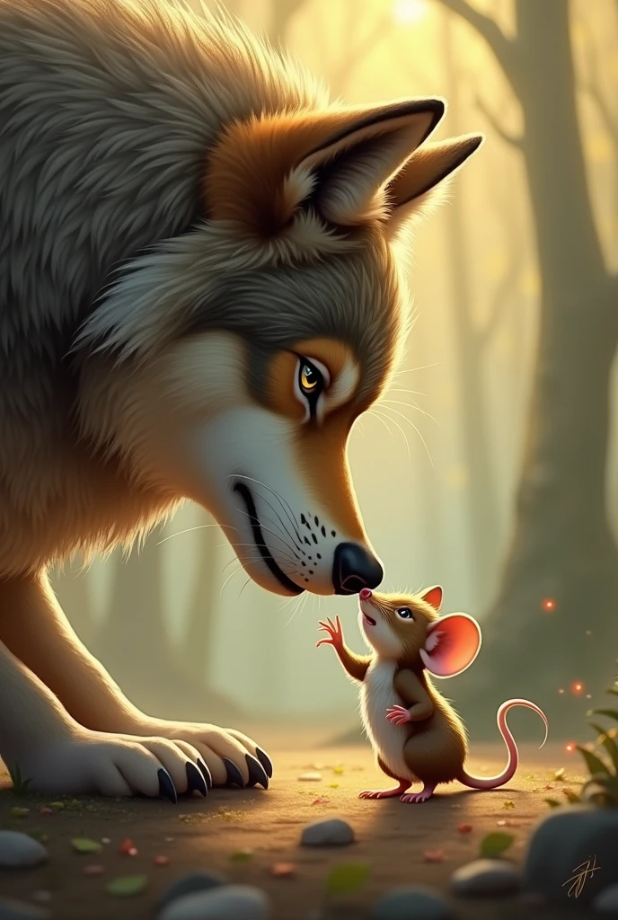 A wolf and a little mouse joining their foreheads because they miss each other