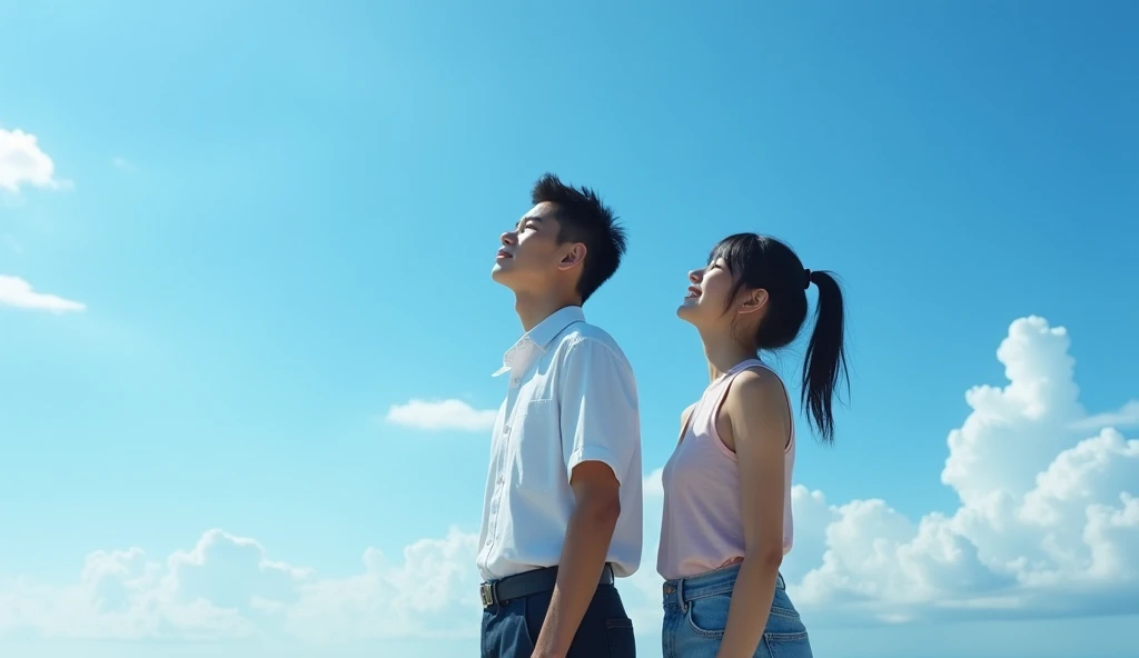 (best quality, masterpiece, ultra detailed, ultra high res, photorealistic, raw photo, absurdres, absolutely resolution), A Japanese man and a woman look up at the blue sky on the beach