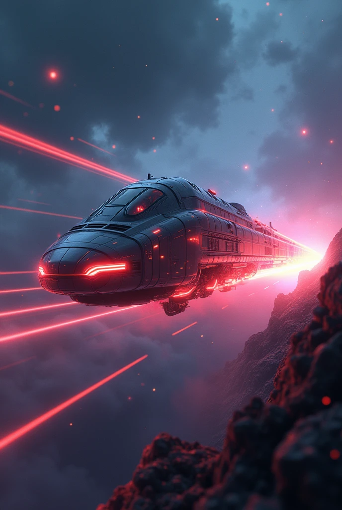 rocket train, futuristic locomotive, space exploration, cyberpunk, dynamic composition, dramatic lighting, hyperrealistic, intricate details, cinematic, volumetric fog, neon lights, glowing energy trails, advanced technology, retrofuturistic design, chrome accents, gritty texture, cinematic composition, moody atmosphere, vibrant colors, dynamic motion blur, highly detailed digital art.a futuristic high-speed train, glowing energy core, sleek aerodynamic design, hovering above ground, neon lights, metallic textures, cosmic landscape, nebulae, stars, dynamic motion blur, cinematic composition, dramatic lighting, vibrant colors, hyper-realistic, 8k, intricate details, concept art