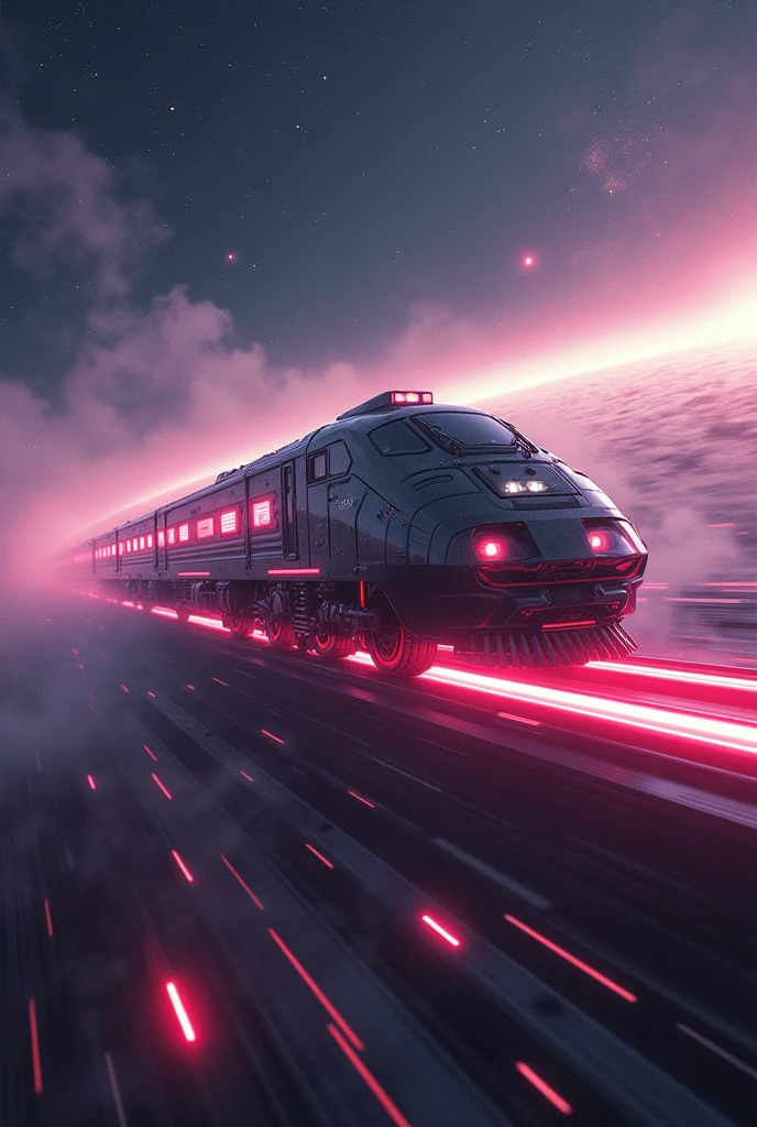 rocket train, futuristic locomotive, space exploration, cyberpunk, dynamic composition, dramatic lighting, hyperrealistic, intricate details, cinematic, volumetric fog, neon lights, glowing energy trails, advanced technology, retrofuturistic design, chrome accents, gritty texture, cinematic composition, moody atmosphere, vibrant colors, dynamic motion blur, highly detailed digital art.a futuristic high-speed train, glowing energy core, sleek aerodynamic design, hovering above ground, neon lights, metallic textures, cosmic landscape, nebulae, stars, dynamic motion blur, cinematic composition, dramatic lighting, vibrant colors, hyper-realistic, 8k, intricate details, concept art