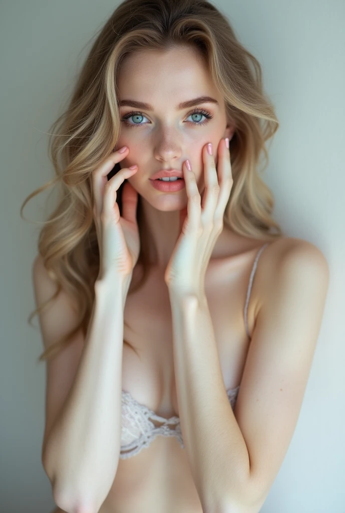 White girl with white skin, light blue eyes and a supermodel body touching herself and making a face of pleasure