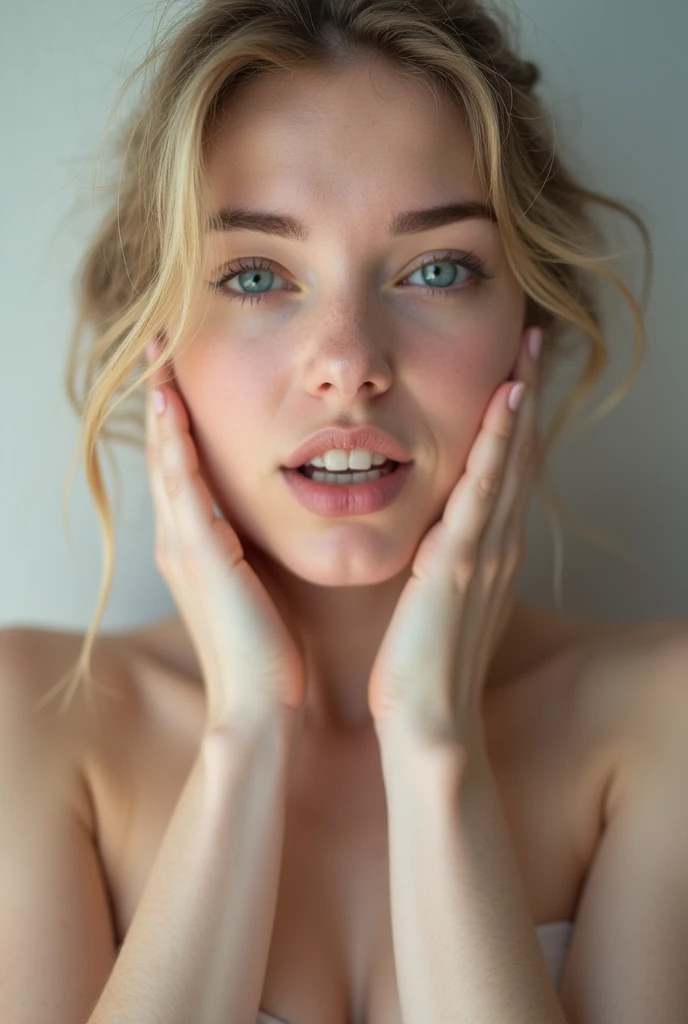White girl with white skin, light blue eyes and a supermodel body touching herself and making a face of pleasure