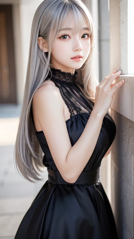 (Image above the chest)((masterpiece:1.5,Highest quality,Highly detailed images,Beautiful images、Realistic、Photorealistic、2.5D))(1girl, 独奏,)(Adult women、large breasts, white hair, beautiful eyes、Beautiful cleavage)(Off-the-shoulder dress、black dress:1.5, Deep slit)(smile, wind, floating hair、Sit down and seduce)(bright、Soft lighting、Western-style building behind、garden、squirt）
